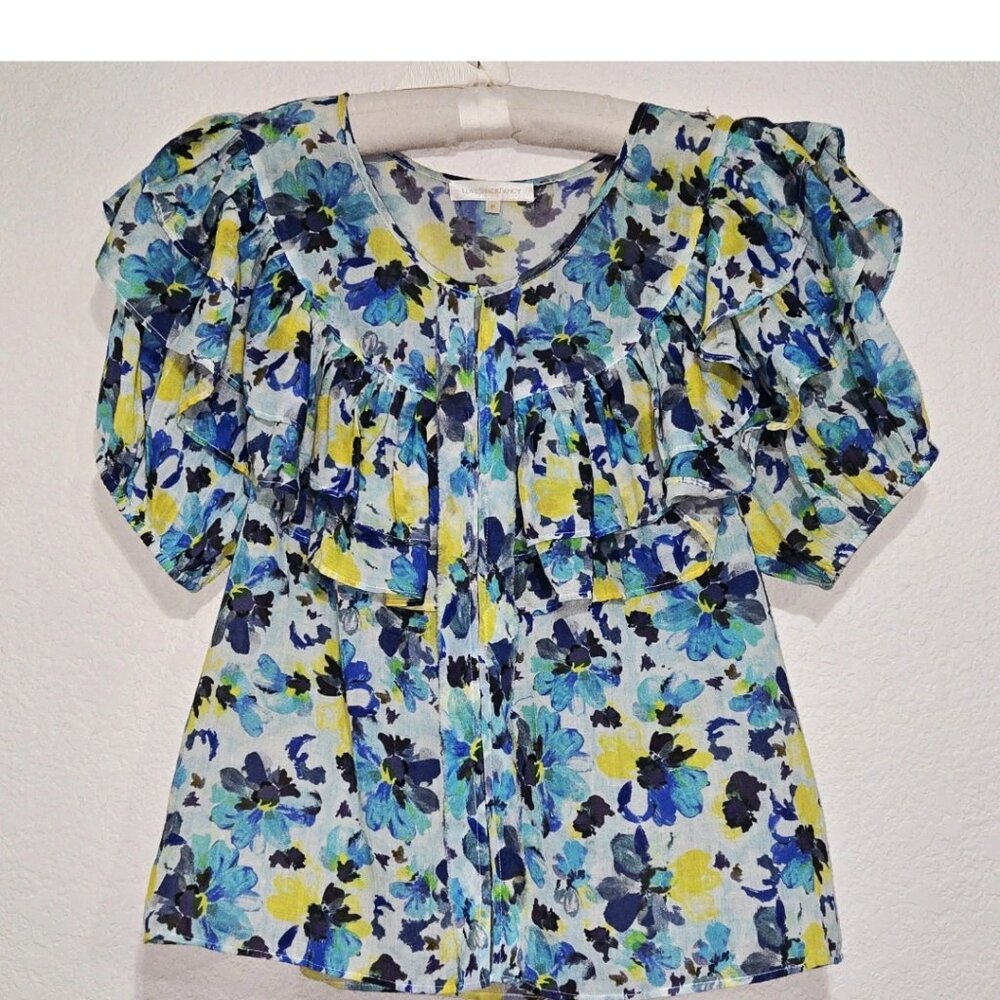 Love Shack Fancy Amora Top Blue Yellow Floral Ruffles Short Sleeve